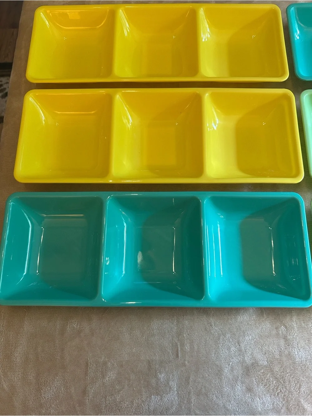Multi-Pack Plastic Divided Serving Trays - Yellow, Teal, Light Green